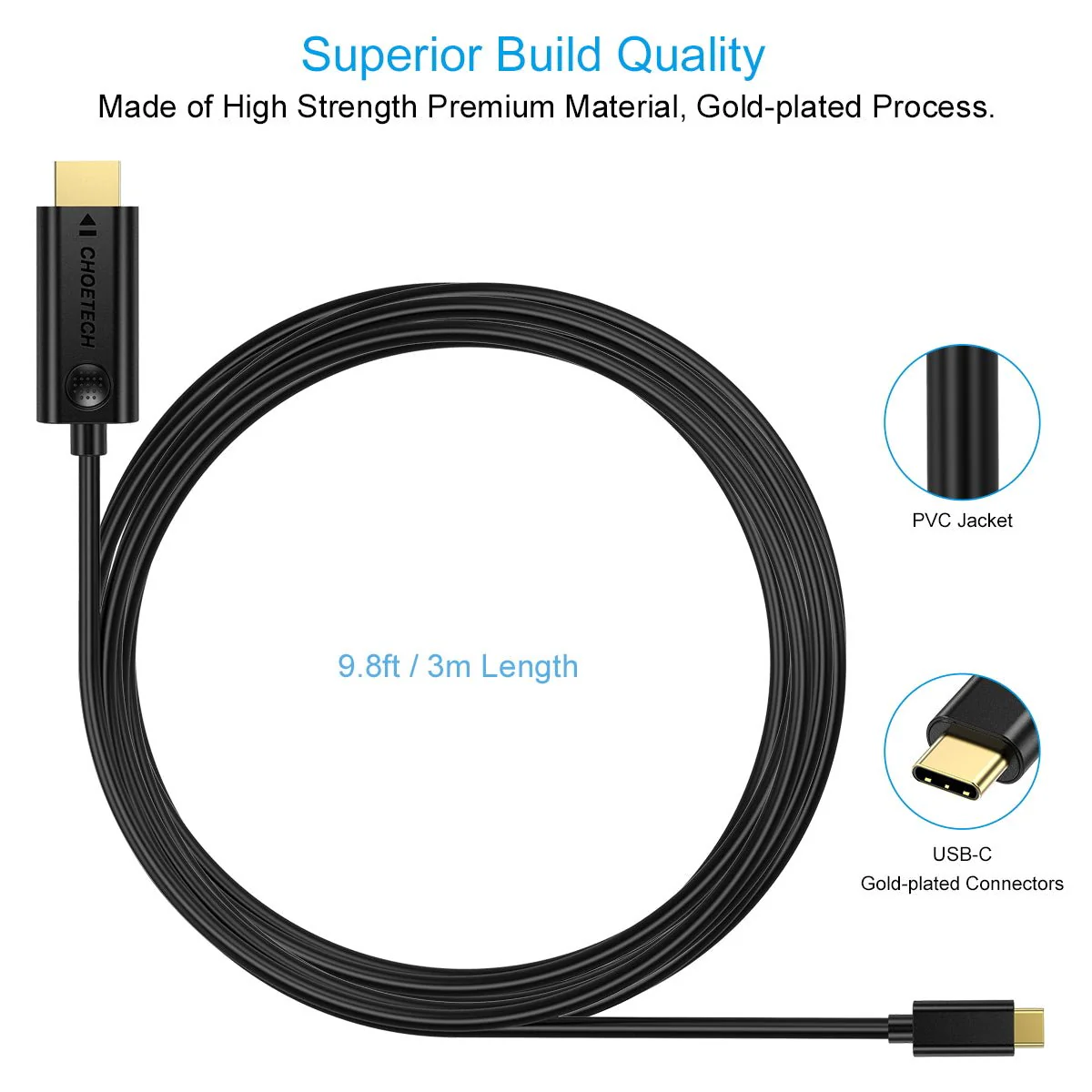 Choetech 3M Type C to HDMI Cable - 3M XCH-0030BK - Image 4