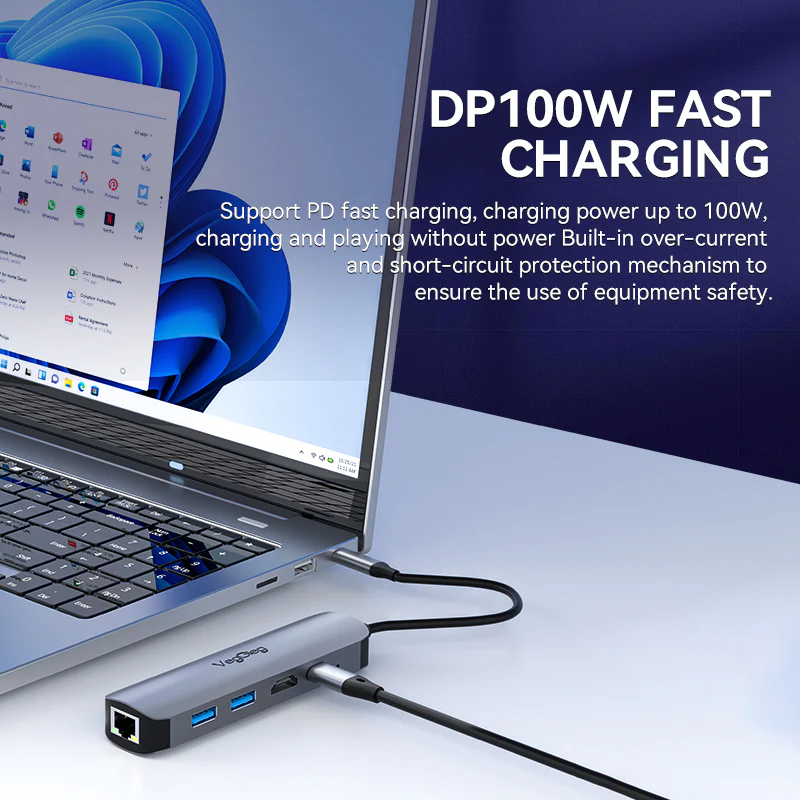 VegGieg Type-C to HDMI+USB3.0*1+USB2.0+RJ45 100Mbps+PD(100W) 5-in-1 Docking Station Model V-TC05R - Image 6
