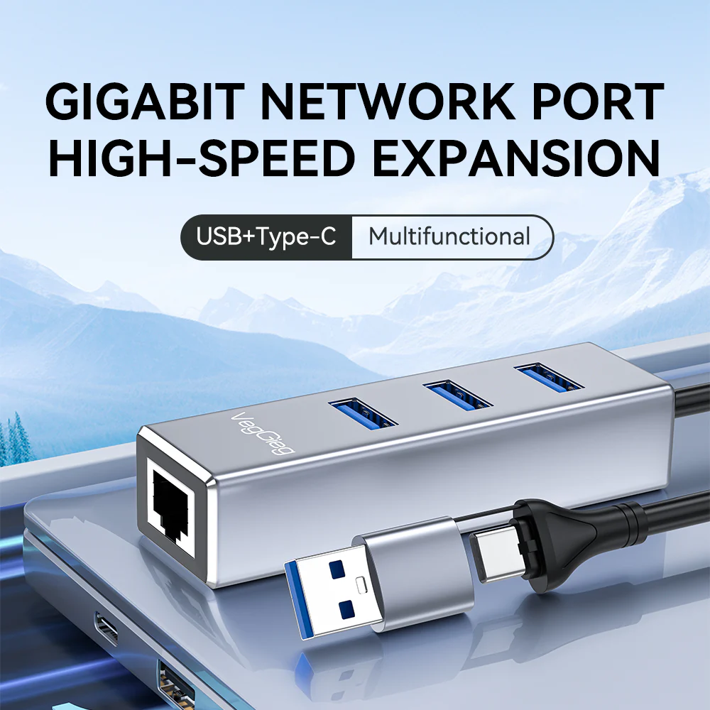 VegGieg USB/Type-C 3.0 2in1 Gigabit Lan Adapter with 3.0*3  HUB Model V-K310 - Image 3